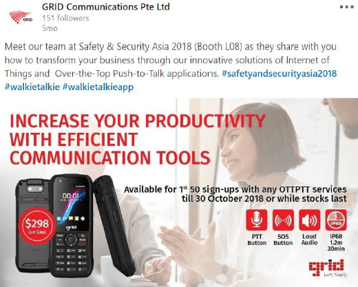 GRID Communications LinkedIn post inviting visitors to Booth L08 at Safety & Security Asia 2018, with an ad headed “Increase your productivity with efficient communication tools” for a rugged push-to-talk phone offered to the first 50 sign-ups.